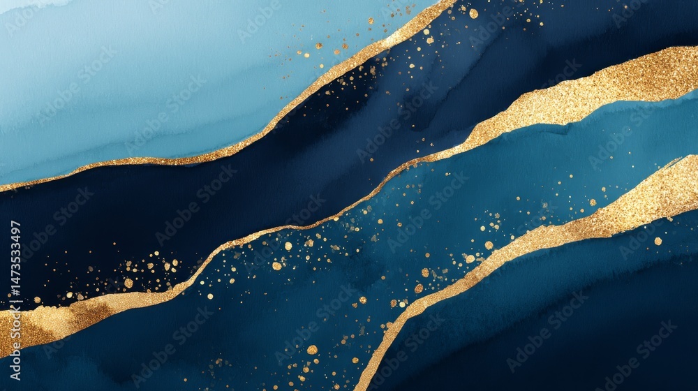 Leinwandbilder deep blue and metallic gold paint flow together, creating abstract textures with glitter swirls. the
