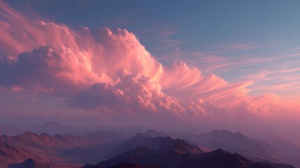 Lenticular cloud formation gracefully drapes over majestic mountains during a serene sunset