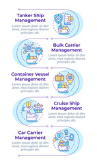 Ship type management solutions infographic vertical sequence. Vessels with different functions. Visualization infochart with 5 steps. Circles workflow. Montserrat SemiBold, Lato Regular fonts used © bsd studio