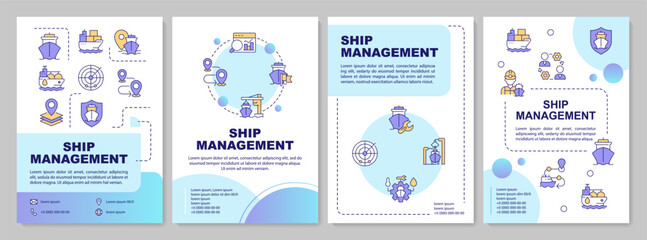 Ship management blue circle brochure layout. Industry of marine delivery. Logistic system. Leaflet advertising design with color line icons. Editable 4 pages. Arial-Bold, Myriad Pro-Regular fonts used