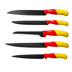 Obraz premium A collection of kitchen knives with black blades and colorful handles. The various blades are neatly arranged, with different styles of knives.