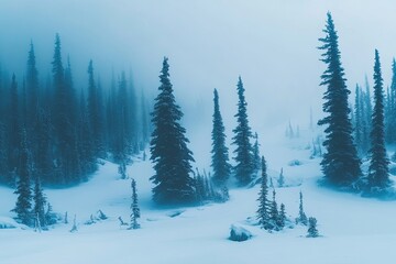 Naklejka premium Misty winter forest scene. Snow-covered trees emerge from a thick, ethereal mist