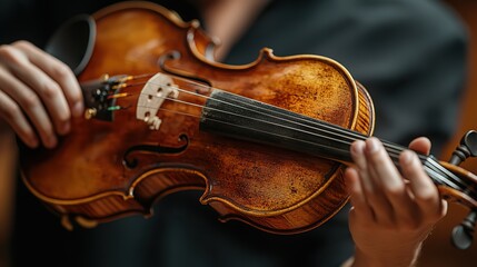 A close-up of a musician's hands playing a stringed instrument, such as a violin or a guitar, conveying the passion and emotion of music