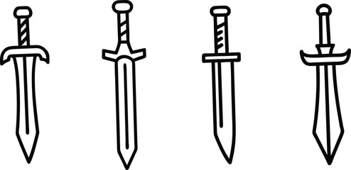 Vector Line Art Swords Icon Set. Hand-Drawn Fantasy Blades