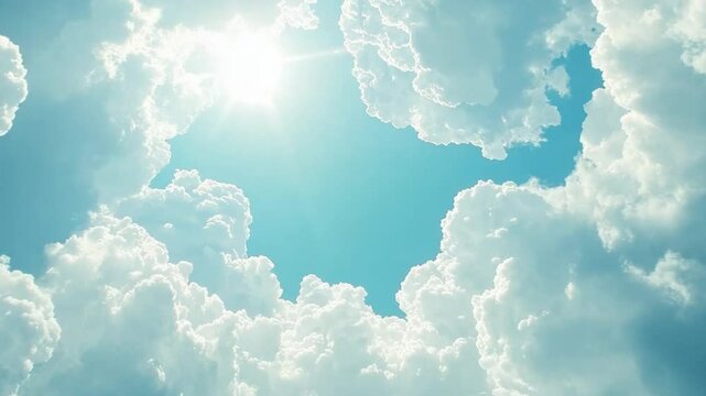 Bright sun shining through a gap in fluffy white clouds against a light blue sky