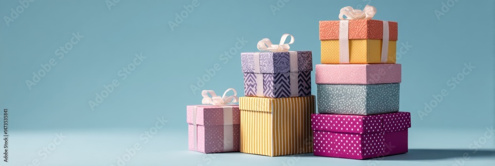 Poster wrapped gift boxes stacked attractively under bright spotlight creating a festive atmosphere on a li