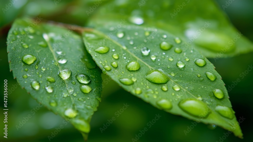 Aufkleber Fresh green leaves display tiny crystal-clear dewdrops, illuminated by sunlight, creating beautiful reflections and highlights in a tranquil outdoor environment