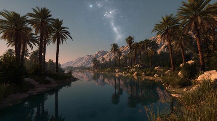Obraz premium Moonlit desert oasis in Oman featuring palm trees reflecting in calm waters during twilight hours