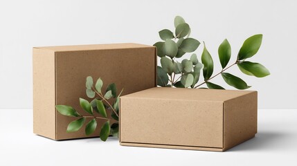 Eco-Friendly Packaging Presentation: Minimalist Brown Boxes with Green Foliage