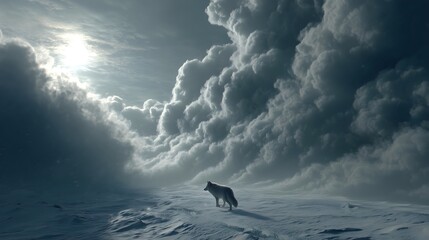 Swirling snow and ice create a polar storm landscape with a lone wolf navigating the icy terrain under dramatic clouds