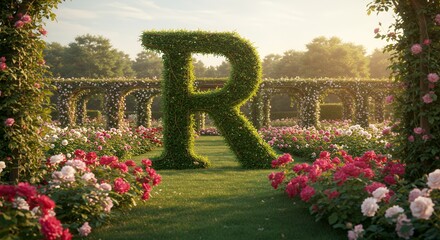 Green R Letter in Rose Garden