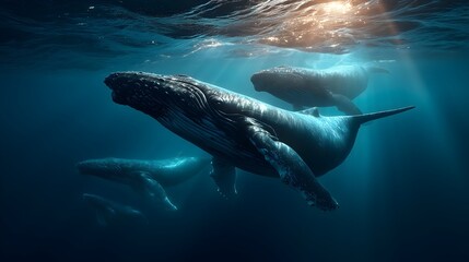 Obraz premium Humpback whales gracefully swimming in formation beneath the surface of the ocean in serene blue waters