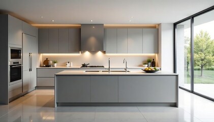 Sleek modern kitchen with stainless steel appliances and minimalist design Island, countertops, cabinets , chrome, cabinets, microwave