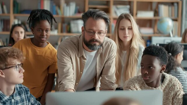 Multi ethnic high school students and college students learning computer science with their teacher using a desktop computer in a modern library or classroom