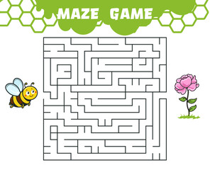 Maze game with bee and flower, pre-school educational worksheet, vector illustration