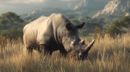 Obraz premium Rare white rhinoceros grazes peacefully in the African savannah surrounded by tall grass and distant hills during golden hour