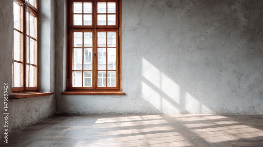 Aufkleber bright and airy space highlights a large empty wooden window frame against a textured plaster wall, 