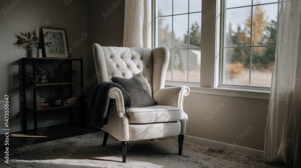Poster Sunlight filters through a window, illuminating a plush armchair adorned with a folded blanket, creating a serene atmosphere in a cozy home