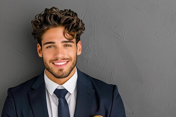 Confident businessman in a tailored suit smiling at the camera with a modern background showcasing professionalism and charisma in a corporate setting business image concept