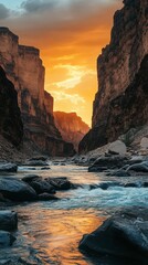 Majestic Sunset Over Serene Canyon with Flowing River and Rocks