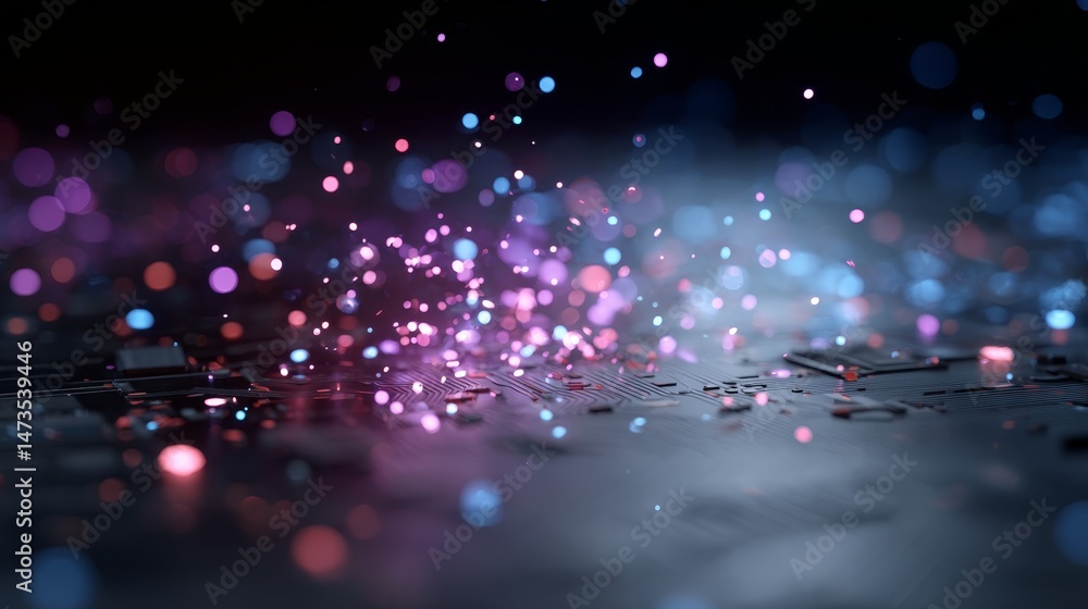 Aufkleber dynamic energy flows as vibrant sparks in purple and blue hues cascade across a circuit board, illus
