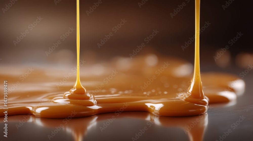 Aufkleber Melted caramel drips smoothly from above, creating a shiny, inviting surface adorned with warm golden tones and an ambiance that feels delicious