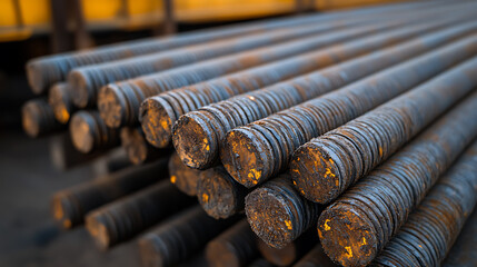 Rusty Rebar Stacks in Industrial Setting
