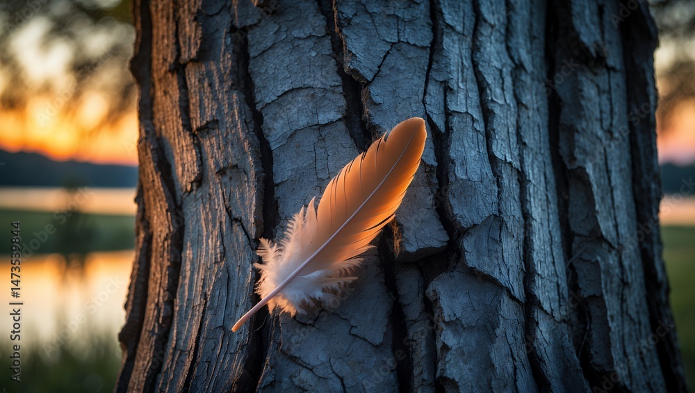 Poster feather resting on tree bark at dusk with peaceful backdrop