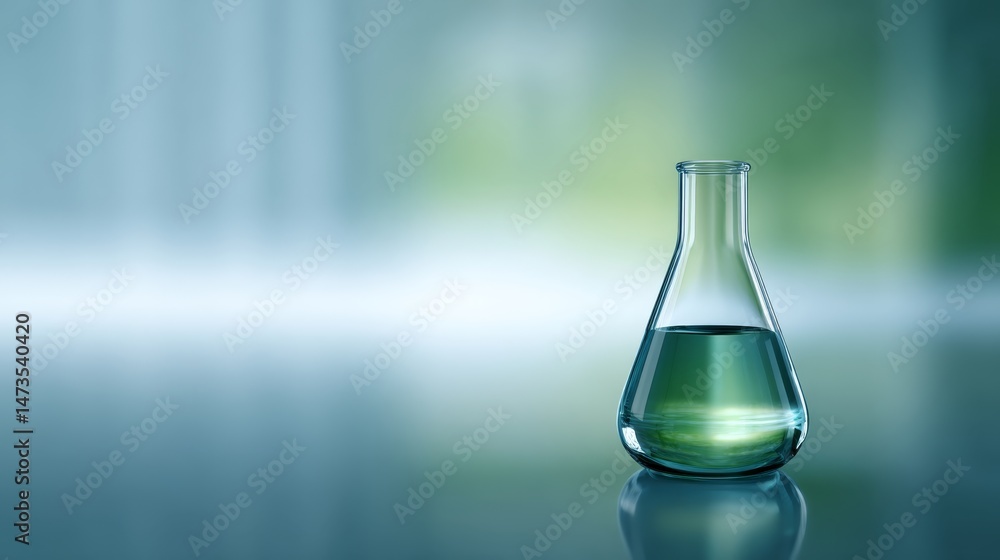 Poster empty glass conical flask sits upright against a pale green background, illuminated by bright diffus