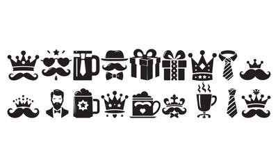 Father’s Day Icon Set Gift, Tie, Mug, Mustache, Crown Silhouettes Collection vector