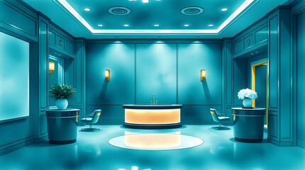 Futuristic reception area with sleek design and vibrant blue tones
