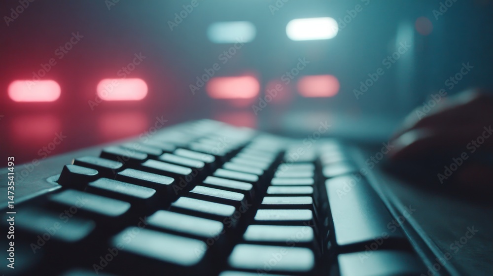 Poster Low light environment highlighting a backlit gaming monitor, with a hand poised over a keyboard surrounded by colorful ambient LEDs for an engaging atmosphere