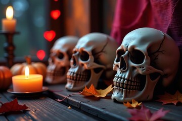 Fototapeta premium Spooky skull decorations at a Halloween party Ghoulish atmosphere, festive, autumn , halloween supplies, spooky