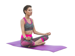 Young fit woman sitting in lotus position on yoga mat meditating with eyes closed, wearing gray and pink sportswear, healthy lifestyle, wellness and mindfulness concept, isolated on white background