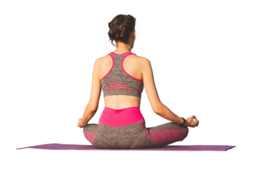 Woman in pink and gray sportswear practicing yoga lotus pose from behind on purple mat, mindfulness meditation wellness concept with isolated white background for fitness and health