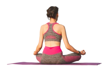  Woman in pink and gray sportswear practicing yoga lotus pose from behind on purple mat, mindfulness meditation wellness concept with isolated white background for fitness and health © timofeev
