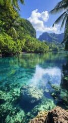 Fototapeta premium Serene Tropical Lagoon Surrounded by Lush Green Mountains and Sky