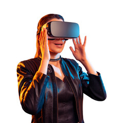 Stylish woman in black leather jacket wearing virtual reality headset on isolated white background making hand gesture, with colorful blue orange lighting for digital technology concept