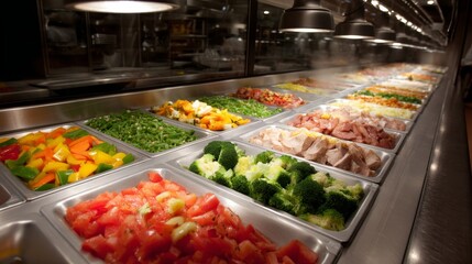 Rows of colorful serving trays display fresh vegetables and meats, steaming gently under warm lights, creating a lively atmosphere for guests to enjoy