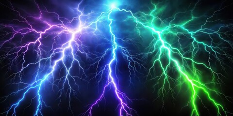 Electric green lightning bolts illuminating a dark and stormy black background, with flashes of bright blue and purple hues