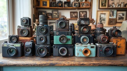 A collection of vintage cameras with different lenses and designs, arranged on a table, hinting at the history of photography and capturing moments