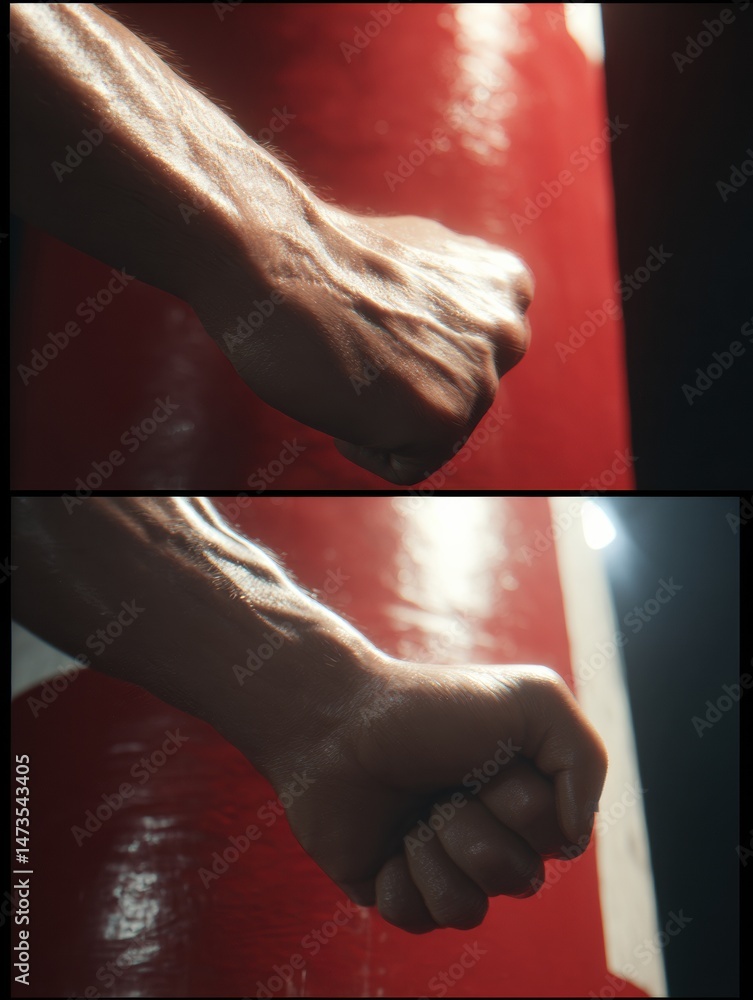 Poster Punching Bag Impact With Flexed Arm Demonstrates Strength and Technique in a Training Environment