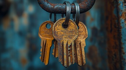 A collection of vintage keys hanging from a rusty hook, each key with its own story and potential, a sense of mystery and possibility