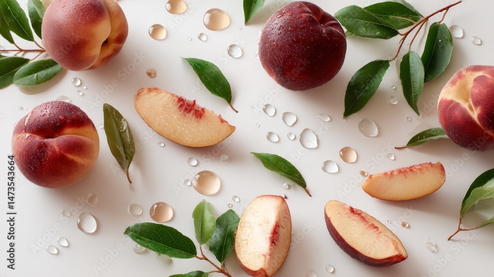 Aufkleber ripe peach slices float in creamy light surrounded by scattered green leaves and glistening droplets