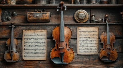 Naklejka premium A collection of vintage musical instruments, such as a violin and sheet music, arranged on a wooden floor, suggesting harmony, melody, and the art of music