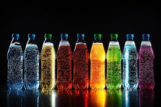 Vibrant Rainbow Colored Soda Bottles on Black Background: A Refreshing Display of Colorful Carbonated Drinks