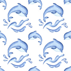 Blue dolphin and ocean wave watercolor seamless pattern for kids designs. Cute sea animal character illustration for baby designs. Hand drawn underwater inhabitants. Marine mammal in sketch style.
