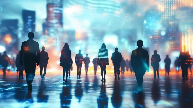 Rear view silhouette of group businesspeople walking on future network city background and futuristic interface graphic, glowing big data on blurry city background	 - Powered by Adobe
