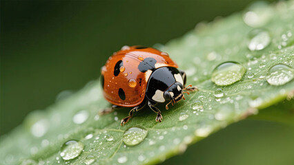 Fototapeta premium Morning Dew and a Ladybug: Nature s Gentle Moment