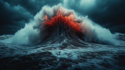 A colossal wave crashes against a rugged coastline, sending spray high into the air, the power of the ocean unleashed in a breathtaking display of energy and force